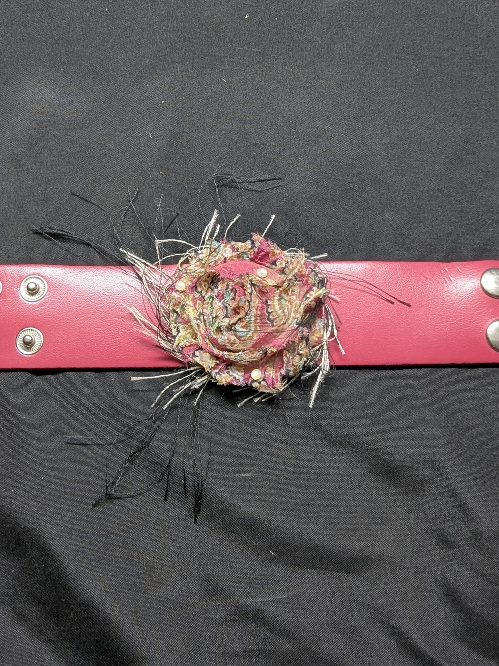 Women’s Pink Floral Fabric Cuff Bracelet with Frayed Fabric Rossette